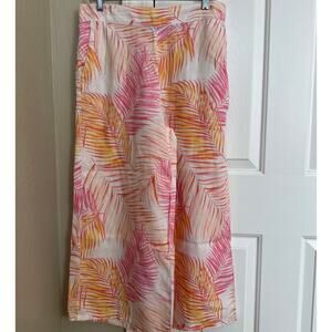 Tahari Palm Print Tropical Cropped Wide Leg 100% Linen Pants Large